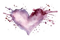 Watercolor heart with purple paint splashes and drops on white background for romantic designs and Valentine's Day projects.