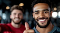 Young African American man with bright smile and beard showing thumbs up gesture, with blurred Caucasian friend in background at modern office space.