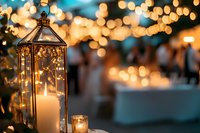 Ornate metal lantern with glowing candle against blurred golden bokeh lights creates romantic ambiance at evening celebration or wedding reception setting.