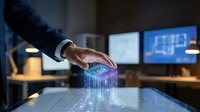 Businessman hand touching glowing holographic cube with digital circuit pattern on desk in modern office environment for technology and innovation concepts.