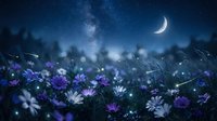 Enchanting night scene with purple wildflowers under starry sky and crescent moon creating magical atmosphere for romantic designs and dreamy projects.