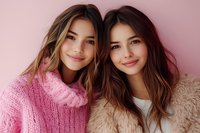 Two young women with long brown hair smiling warmly at camera wearing cozy winter sweaters against soft pink background for lifestyle content.