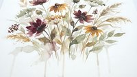 Watercolor autumn wildflower bouquet with cosmos, grasses and foliage in warm earth tones on white background, isolated for seasonal design projects.