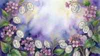 Watercolor floral frame with purple flowers and sliced lemons arranged on soft lavender background, ideal for greeting cards and spring designs.