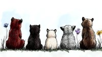 Five cats sitting in a row from behind, watching flowers grow in grass. Artistic sketch style illustration with watercolor elements shows pets in contemplative moment.