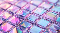 Holographic iridescent squares pattern in pink and blue colors with metallic shine and crystal glass texture creating modern geometric background.