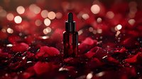 Glass dropper bottle with red essential oil surrounded by rose petals on dark surface with bokeh lights creating luxurious spa atmosphere.