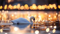 Elegant white swan swimming peacefully on calm water with warm golden bokeh lights creating magical evening atmosphere for romantic designs.
