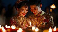 Young Asian couple in traditional wedding attire sharing intimate candlelit moment during ceremony, bride in red and gold embroidered dress with ornate jewelry, romantic evening celebration.