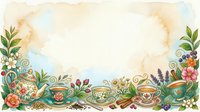 Vintage tea party border with ornamental cups, floral elements, and watercolor stains on cream background, suitable for invitations, greeting cards, and decorative designs.