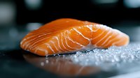 Fresh raw salmon fillet on crushed ice with soft focus background, showcasing vibrant orange color and marbled texture for culinary and restaurant menus.