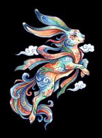 Colorful ornate rabbit leaping among clouds, decorated with floral and swirl patterns, isolated on transparent background. For stickers, t-shirt design, print on demand.