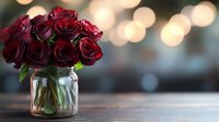 Deep red roses arranged in clear glass mason jar against blurred bokeh background, romantic mood setting for valentines day, weddings, and celebrations.