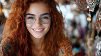 Young woman with natural red curly hair and glasses smiling warmly at camera. Genuine cheerful expression and freckled face captured in soft natural lighting.