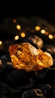 Raw amber gemstone crystals on dark volcanic rock with warm bokeh lights creating luxurious mineral specimen display for jewelry and healing arts.