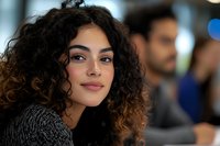 Young Mediterranean woman with natural curly dark hair smiling confidently in casual office environment, soft bokeh background creates professional atmosphere.