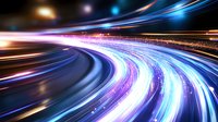 Curved light trails with vibrant blue, purple and white streaks creating dynamic motion effect against dark background, suggesting high-speed movement and technology.