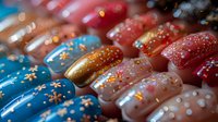 Colorful manicured nails with glitter and snowflake designs arranged in rows showcase winter holiday nail art trends with blue, red, and gold polish.