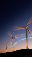 Wind turbines with digital data streams and holographic interface elements at twilight for renewable energy technology concepts.