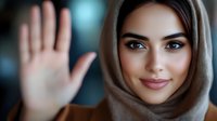 Young Middle Eastern woman in beige hijab making stop gesture with raised palm, smiling confidently at camera with professional makeup and warm expression.