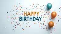 Festive happy birthday text with orange and teal balloons floating against white background, surrounded by colorful confetti celebration pattern.