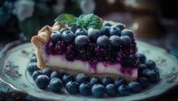 Slice of creamy cheesecake topped with fresh blueberries and blackberries on vintage porcelain plate, garnished with mint leaves. Dark moody food photography.