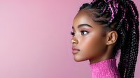 Young African American woman with braided hairstyle featuring pink highlights in profile view against pink background showcasing natural glowing makeup and turtleneck sweater.