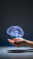 Female hand holding glowing neon brain hologram against dark background. Concept for artificial intelligence, neuroscience, innovation, and technology solutions for business and education.