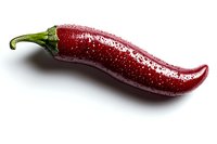 Fresh red chili pepper with water drops on white background, macro photography showing texture and shine. Isolated food ingredient for design use.