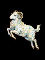 Ornamental ram with curved horns leaping in mid-air, featuring intricate swirling patterns in gold, blue, and cream. Isolated on transparent background, ready for t-shirts, stickers, clipart, and print-on-demand designs.