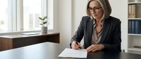 Professional mature Caucasian businesswoman in glasses and dark suit signing documents at modern office desk, corporate executive workplace setting.
