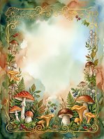 Watercolor forest frame with mushrooms, berries and ferns creating decorative border on textured background for invitations and nature designs.