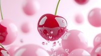 Fresh red cherry with water droplets splashing into pink liquid creating dynamic motion and bubbles for food and beverage advertising concepts.