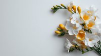 Fresh white freesia flowers with yellow centers and unopened buds on light gray background with copy space for wedding invitations or spring announcements.