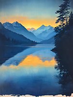 Serene mountain lake at sunset with golden sky reflection, peaceful alpine wilderness landscape for nature and travel designs.