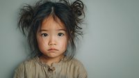 Young Asian girl with messy hair and serious expression wearing beige linen shirt against gray background. Child portrait for parenting and family content.