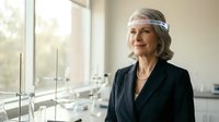 Mature woman with gray hair and fair complexion, wearing professional black blazer and pearl necklace, standing in modern office with glass partitions and natural light from windows.