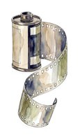 Vintage film roll canister with unspooled 35mm negative strip, watercolor illustration on white background. Isolated design element for photography, cinema, and media projects.