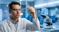 Male scientist in white lab coat examining blue liquid sample in test tube wearing safety glasses in modern laboratory for research and analysis.