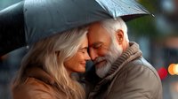 Romantic mature couple sharing tender moment under umbrella in rain. Senior man and blonde woman embracing outdoors on rainy evening with bokeh lights.