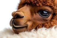 Close up portrait of brown alpaca face showing detailed features, soft fur, and striking blue eye against white background, suitable for nature and wildlife projects.