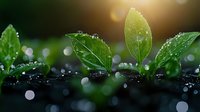 Fresh green sprouts emerging from dark soil with morning dew drops and sunlight bokeh effect creating magical garden atmosphere. Nature awakening in spring.