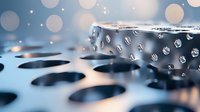 Macro shot of water droplets on metallic surface with circular pattern and bokeh light effect in blue tones, creating abstract minimalist composition.