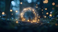 Magical glowing portal ring with silhouette in enchanted forest setting, sparkling light particles and bokeh effects create mystical fantasy atmosphere.