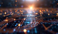 Futuristic circuit board with glowing orange and blue light effects, digital technology concept with bokeh particles and depth of field in dark background.