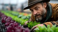 Bearded middle-aged Caucasian farmer in hat and jacket smiling while examining fresh organic lettuce growing in greenhouse. Local sustainable agriculture concept.