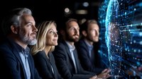 Business team analyzing digital globe hologram with network connections. Corporate professionals examining global data visualization in dark office.