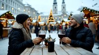 Young couple enjoying mulled wine at outdoor Christmas market with festive lights, wooden stalls and church towers in background, wearing winter clothing.