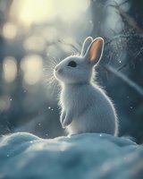 White baby bunny sitting in snow with magical winter atmosphere, soft bokeh lights and falling snowflakes creating dreamy woodland scene at sunset.
