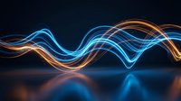 Glowing neon wave lines in blue and orange flowing across dark background, suitable for tech, music, and digital design projects.